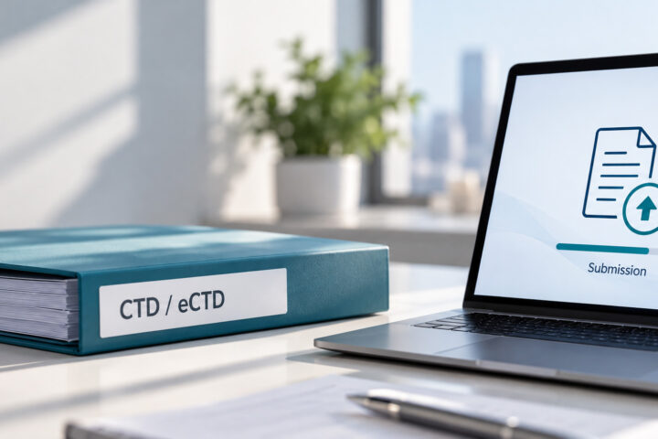 CTD and eCTD pharmaceutical regulatory submission, illustrating dossier modules, electronic document publishing, and regulatory review.